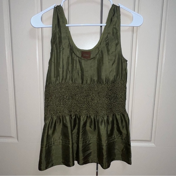IPSA Anthropologie 100% Silk Olive Green Satin Beaded Peplum Blouse Size Medium - Picture 6 of 9